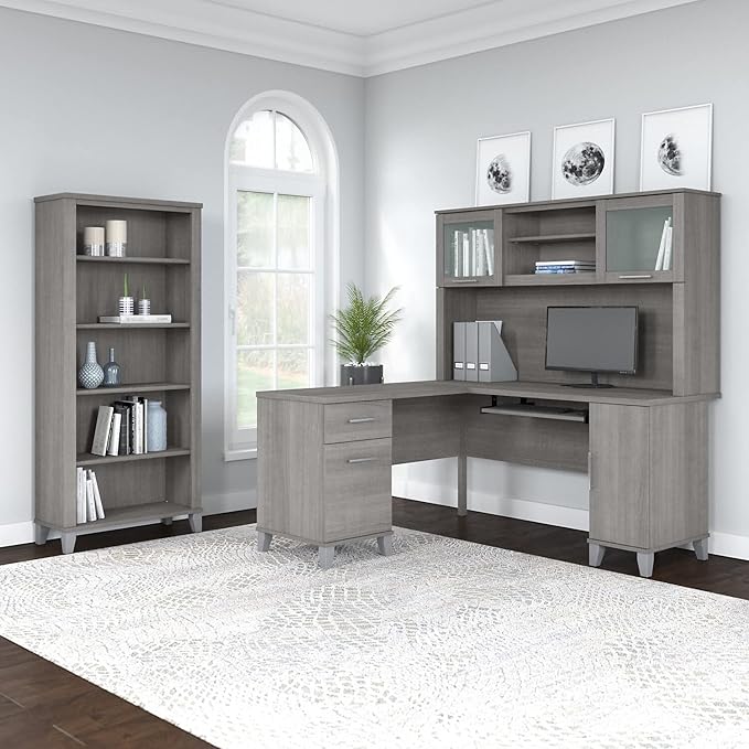 Bush Home Somerset 60W L Shaped Desk with Hutch in Ash Gray