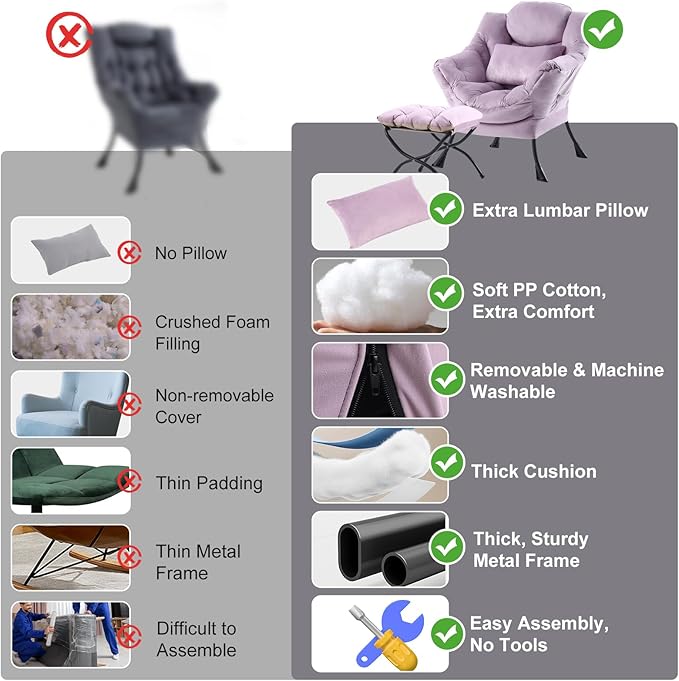 Lazy Chair with Ottoman Modern Accent Chair with Lumbar Pillow Velvet Light Purple Sofa Armchairs with Folding Footrest Oversized Supportive Chairs for Bedroom Reading