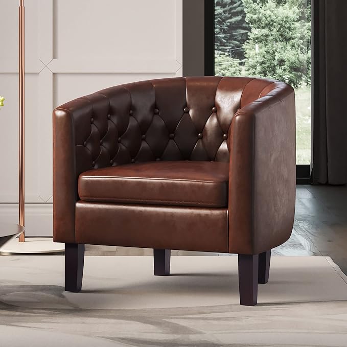 BELLEZE Accent Barrel Arm Chair Modern Comfy Upholstered Tufted Club Chair with Sturdy Legs and Linen Fabric for Bedroom Living Room - Caramel