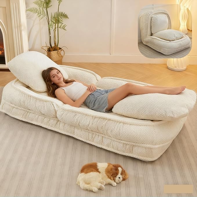 Foldable Lazy Sofa Bed Polyester Upholstered Human Dog Bed for Adults and Pets with 5 Adjustable Backrest Positions and 2 Soft Cushions for Living Room Bedroom Beige | Breathable Materials