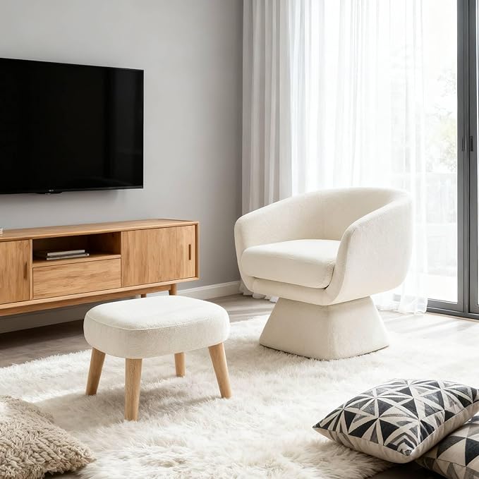 27.55 Swivel Lounge Accent Chair with Ottoman Modern Fabric Upholstered Reading Armchair Single Sofa Chair 2-Piece Set for Living Room &amp Bedroom White