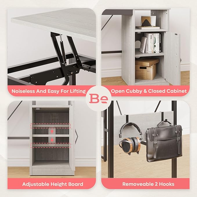 Bestier Versatile 60 Inch L-Shaped Standing Desk Lift Top Corner Desk Extending to 95 Inches with Storage Cabinet and Hooks for Home Office Washed White