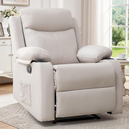 Manual Recliner Chair for Adults Small Recliners for Small Spaces Nursery Recliner with Adjustable Backrest Cup Holders and Side Pockets Reclining Chair for Living Room Beige
