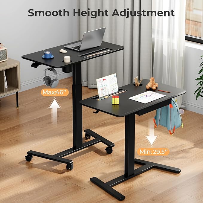 Mobile Standing Desk with Drawer 35 Small Standing Desk with Cup Holder Rolling Laptop Cart on Wheels Height Adjustable Table with Storage for Home Office Black