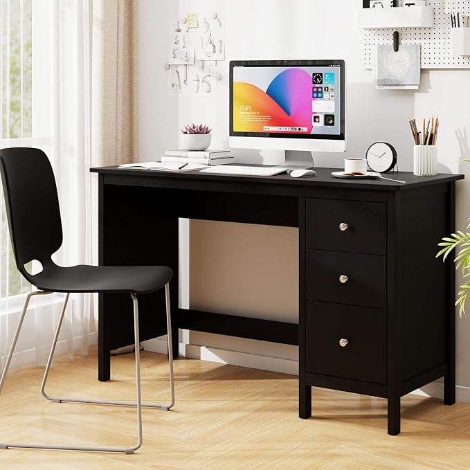 Tangkula Black Desk with Drawers Modern Home Office Computer Desk with Storage Drawers &amp Spacious Desktop Compact Writing Study Desk Laptop Desk for Bedroom Multipurpose Computer Workstation