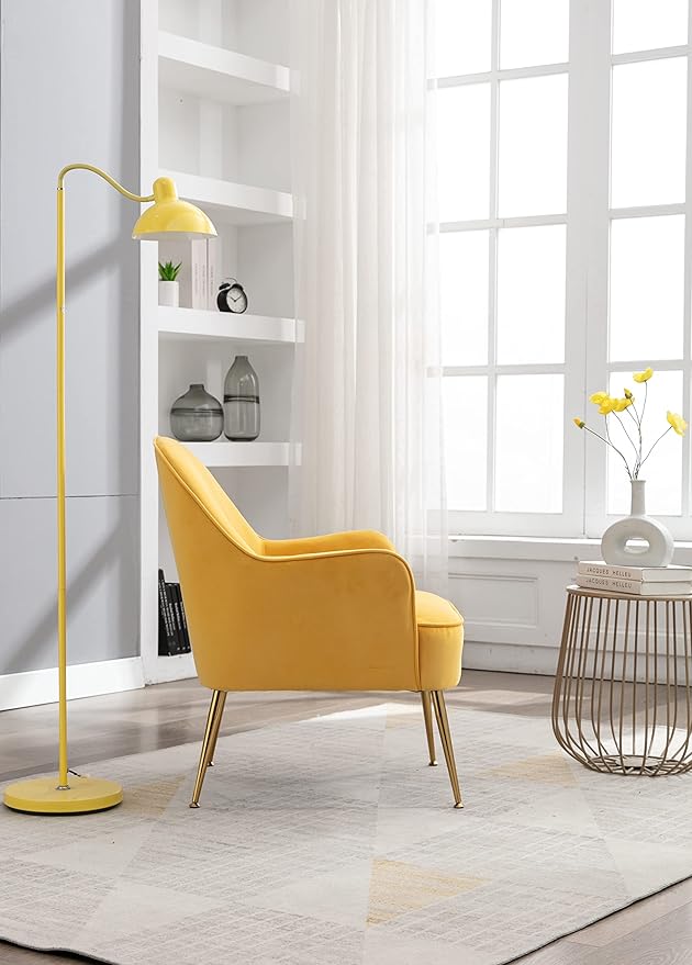 Modern Ergonomics Soft Velvet Fabric Material Accent Chair with Gold Legs and Adjustable Feet Screws for Indoor Home Living RoomYellow