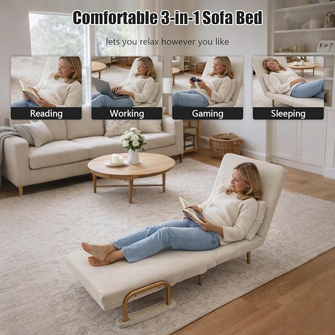 Convertible Sleeper Sofa Bed 3 in 1 Multi-Functional Sofa Chair Bed with 5 Position Adjustable Backrest Folding Sofa Bed Floor Single Chairs Fold Out Chair Beds for Living Room (Off-White)