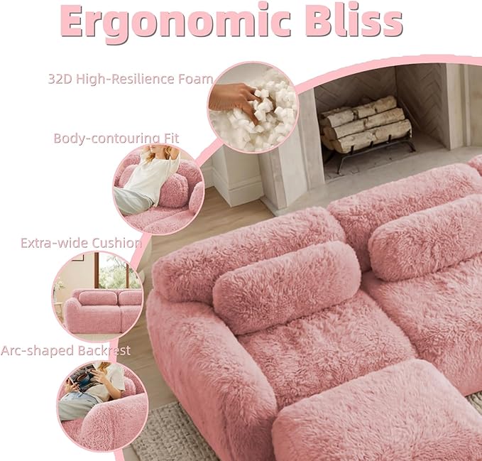 114.7 Modular Boneless Sofa Modern Sectional Couch U-Shape Boneless Couch for Living Room Apartments Bedroom 32D High Density Sponge Lounge Sofa No Assembly Required Pink