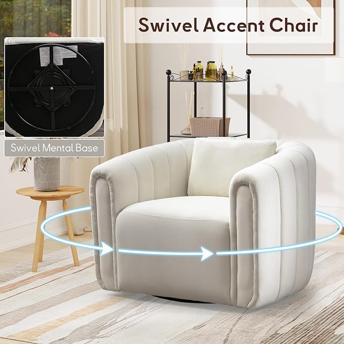 Bonzy Home Swivel Barrel Chair Modern Velvet Swivel Accent Chair with Channel Tufting Soft Upholstered Armchair for Living Room Bedroom Office (White 1 Pack)