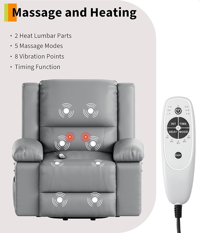 GarveeHome Power Lift Recliner Chair - Heat and Massage PU Leather Electric Lift Recliner for Elderly &amp Mobility Impaired Adjustable Back and Legs Heavy Duty Lift Chair for Seniors