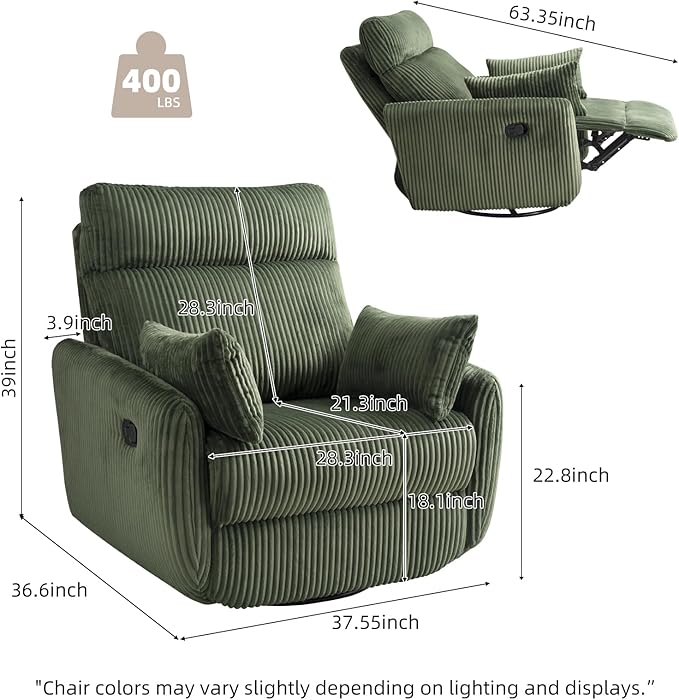 Swivel Recliner Chair for Adults Corduroy Nursery Glider Rocking Chair Armchair with 2 Pillows Comfy High Back Reclining for Small Spaces Nursery Bedroom Living Room (Corduroy Green 1 Pack)