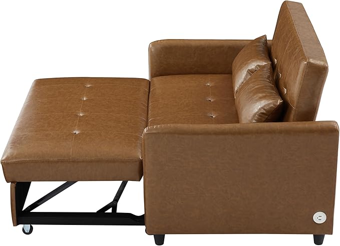 51.57 Convertible Sleeper Sofa Bed Adjustable Oversized Armchair with Three USB PortsU Leather Pull Out Sofa Bed for Apartment Living Room Small Space (Brown/PU)