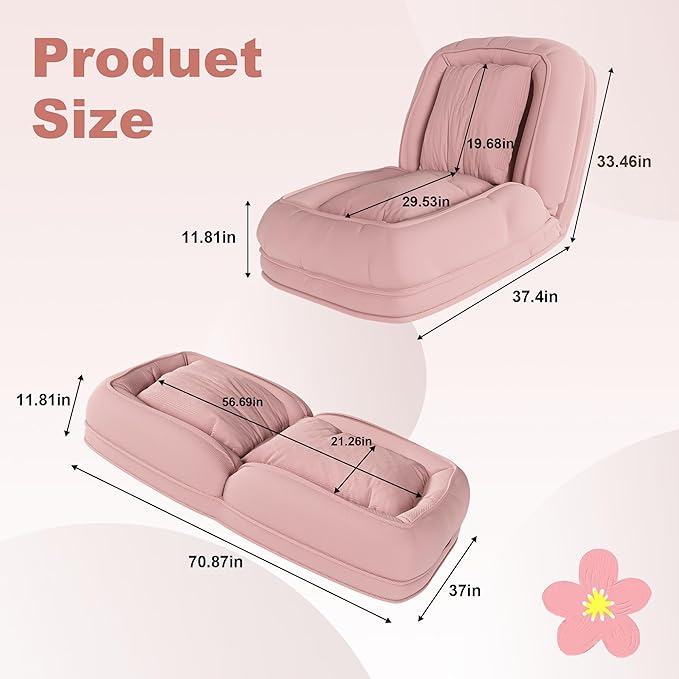 71 Upholstered Human Dog Bed for Adults &amp Pets 5 Adjustable Foldable Lazy Sofa Bed with 2 Soft Pillows for Bedroom Living Room Reading Corner Pink