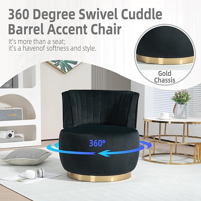 KEIKI Swivel Barrel Accent Chair 360 Degree Rotating Upholstered Armchair with Velvet Fabric for Living Room Office Bedroom Black