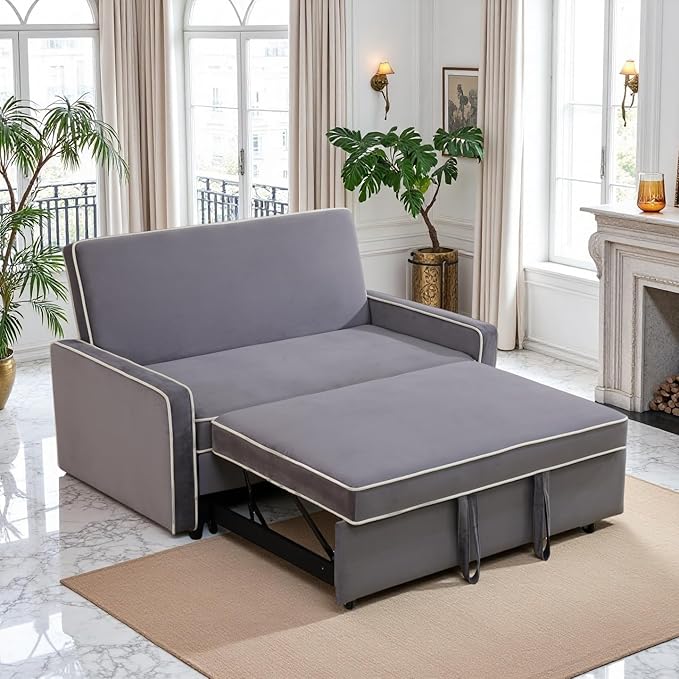 FONTOI 53 Inch Convertible Pull Out Sofa Bed Sleeper Couch with Fluffy Fabric Loveseat with Adjustable Backrest for Living Room Bedroom Apartment Light Grey