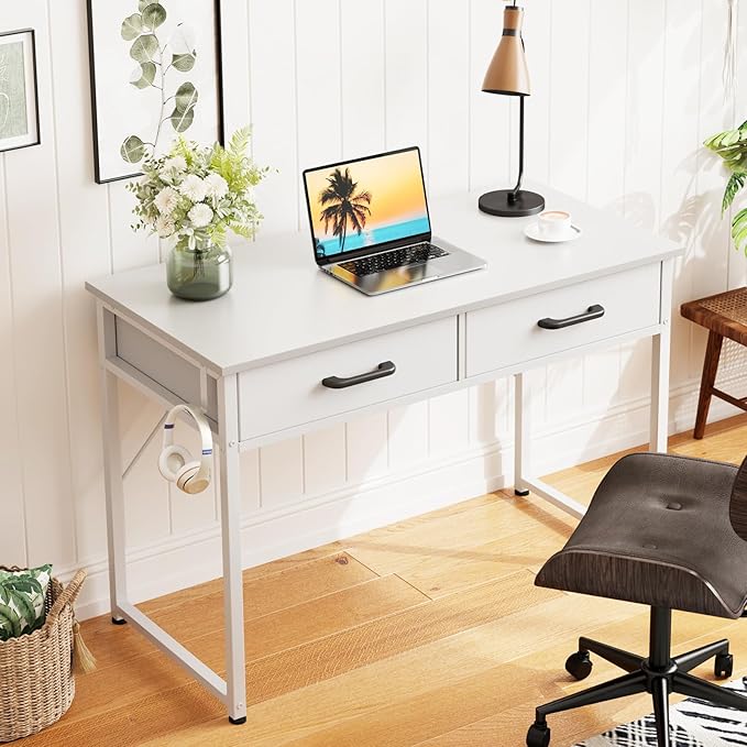 Casaottima 40 Inch Small Office Computer Desk with 2 Drawers &amp Headphone Hook - Compact Writing Desk for Home Office Study or Work Modern Space-Saving Design for Small Spaces White