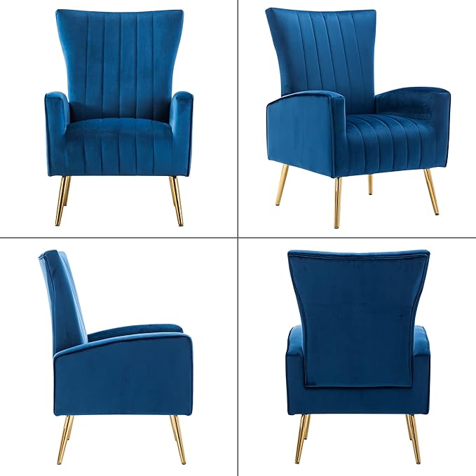 LSSPAID Velvet Accent Chairs Set of 2 Modern Fabric Upholstered Living Room Chairs Armchairs with Wing Back and Metal Legs Navy Blue