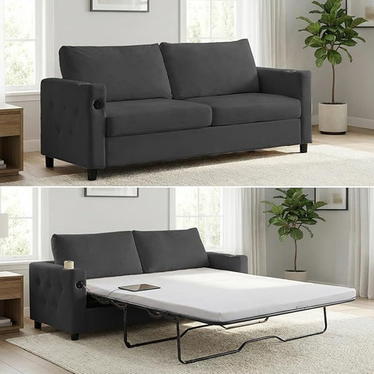 Mjkone 80 Queen Size Pull Out Sofa Bed Velvet 2-in-1 Convertible Sleeper Sofa Bed with Memory Foam Mattress Cup Holder USB Charging PortsGuest Couch Bed for Living Room Small Spaces - Grey