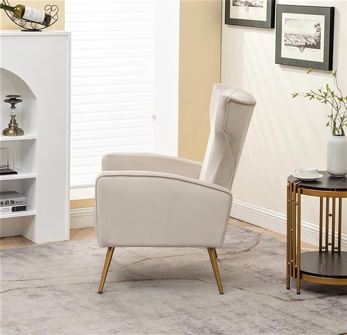Modern Velvet Accent Chair Channel Tufted Bedroom Office or Living Room Furniture with Elegant Metal Legs 26 Wide Armchair Beige