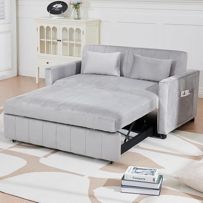 55.51 Convertible Sofa Bed 3-in-1 Sleeper Sofa with Pullout Velvet Couch Bed with Adjustable Backrest and Side Pocket &amp 2 Pillows Modern Futon Couch for Living Room Bedroom（Grey）