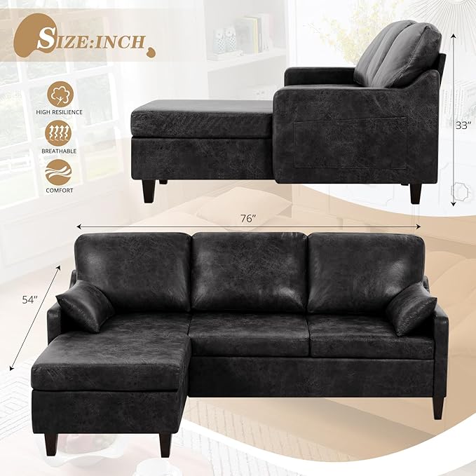 76 Sectional Sofa Couch w/Reversible Chaise Suede Leather L Shaped Sofa w/USB Charger Ports &amp Storage Bag Convertible Modern Couch w/Storage Space for Living Room Small Space Black