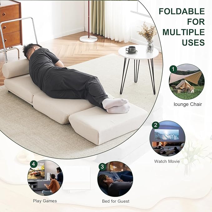 Single Sofa Chair Foldable Single Sofa Bed with PillowPortable Foldable Sofa BedLeisure Sofa ChairEasy to StoreMade of Breathable and Wearable Linen Cream White