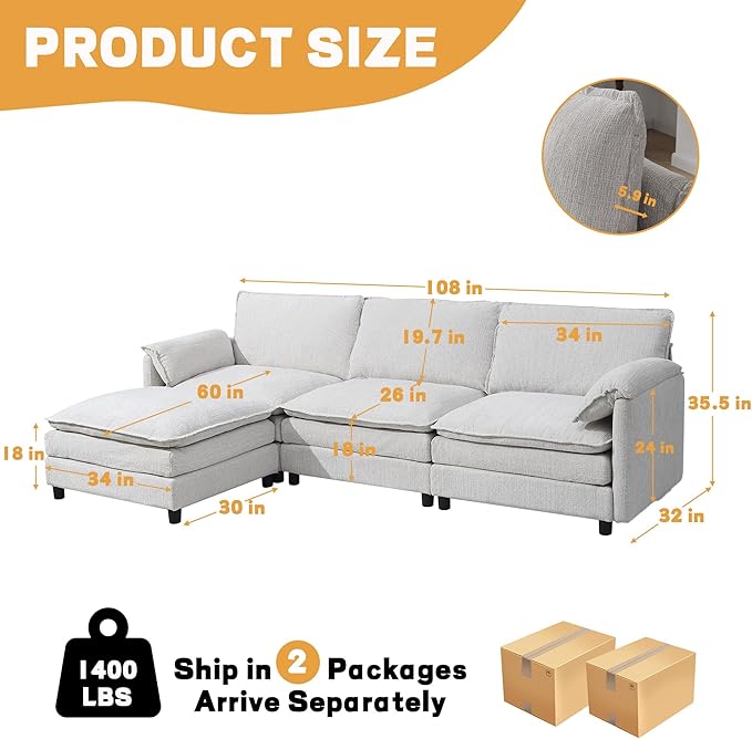 108 Cloud Sectional Couches for Living Room Convertible L Shaped Modular Sectional Sofa with Movable Ottoman 3-Seat Chenille Cloud Couch with Deep Seat for Bedroom Apartment Beige