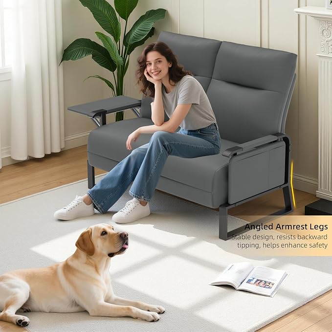 Faux Leather Loveseat Couch for Living Room Bedroom Office Small Sofa 2 Seater Couch with Flip Up Tray Table Side Pockets Leather Loveseats Gray