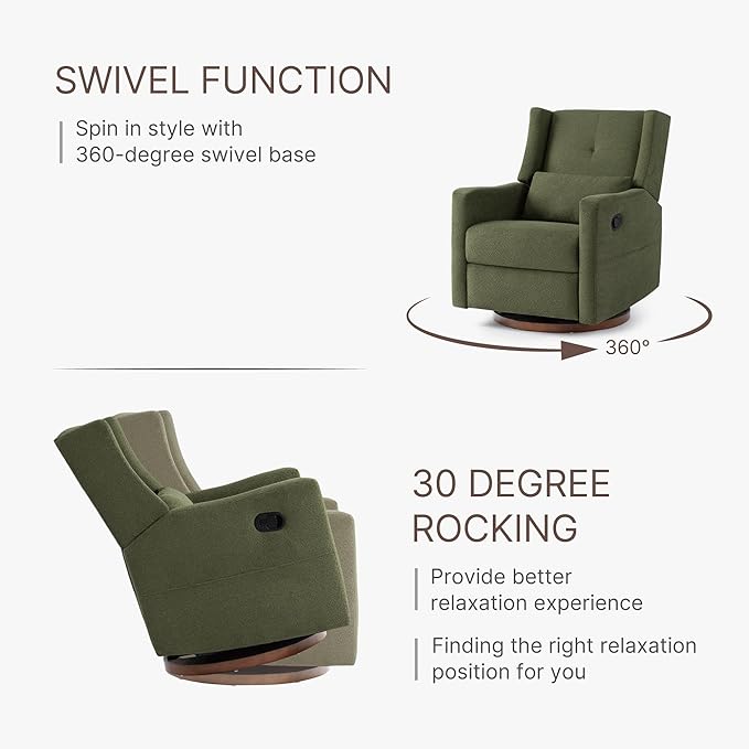 Swivel Rocker Recliner Chair Nursery Glider Recliner with Wood Base Manual Rocking Comfy Upholstered Fabric Reclining Single Sofa for Nursery Bedroom Living Room