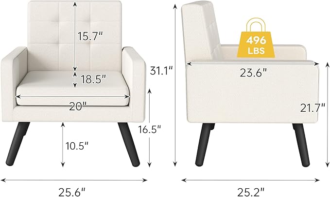 Kromax Mid-Century Modern Accent Chair for Living Room 496 Lb. Weight Capacity Dual Armrests Comfy Extra Large Seat Timeless Style Perfect for Reading &amp Relaxing Cream