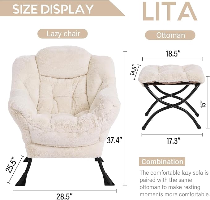 LITA Lazy Chair with Ottoman Modern Accent Leisure Upholstered Sofa Chair Lounge Reading Chair with Armrests and a Side Pocket for Living Room Bedroom &amp Small Space Plush Beige