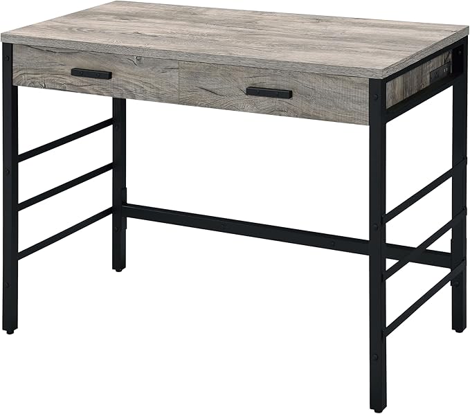 Light Weathered Oak &amp Black Writing Desk with 2 Drawers - Home Office Computer Desk