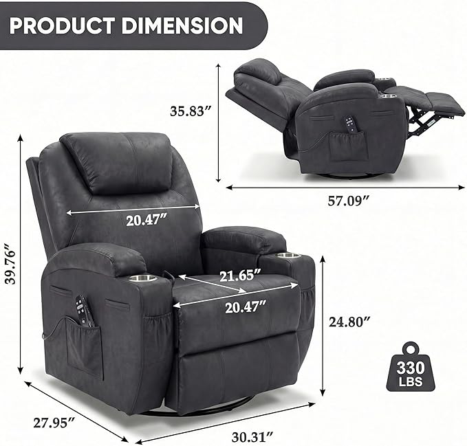 Flamaker Swivel Rocker Recliner for Adults 360 Glider Rocking Chair with Vibration Massage Upholstered Recliner Chair with 2 Cup Holders &amp Side Pockets for Living Room Nursery (Leathaire Black