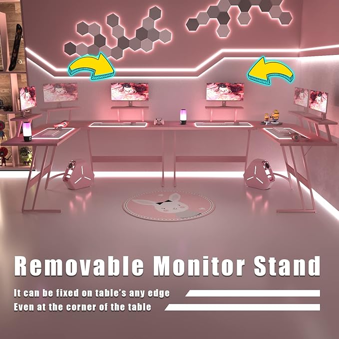 Homall Pink L Shaped Gaming Desk Computer Corner PC Desk Table with Large Monitor Stand for Home Office Studying Writing Workstation Gift for Girls and Women (Pink 57 Inch)