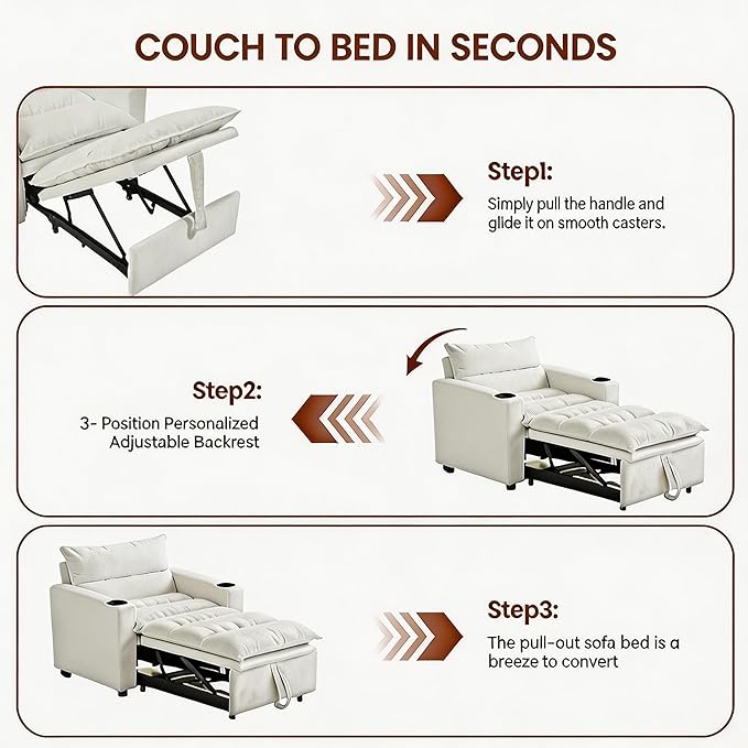 Casaphoria Convertible Sleeper Chair 66.54 Futon Sofa Bed Single Sleeper Sofa Small Couch Bed with Adjustable Backrest for College Dorm Bedroom Studio Apartment