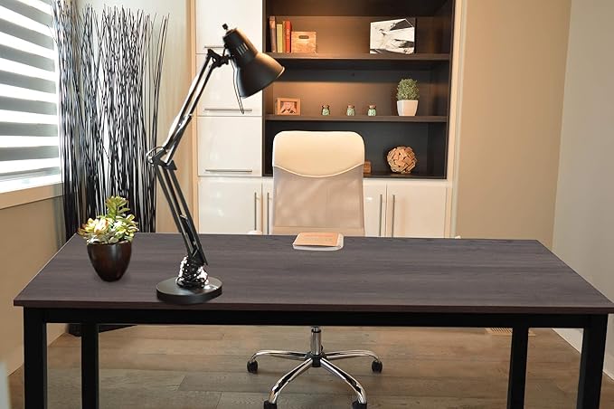 55 inch Large Computer Desk Wood Modern Simple Style Desk for Home Office Bedroom Study Student Writing Desk Small Spaces Black Metal Frame Walnut Top