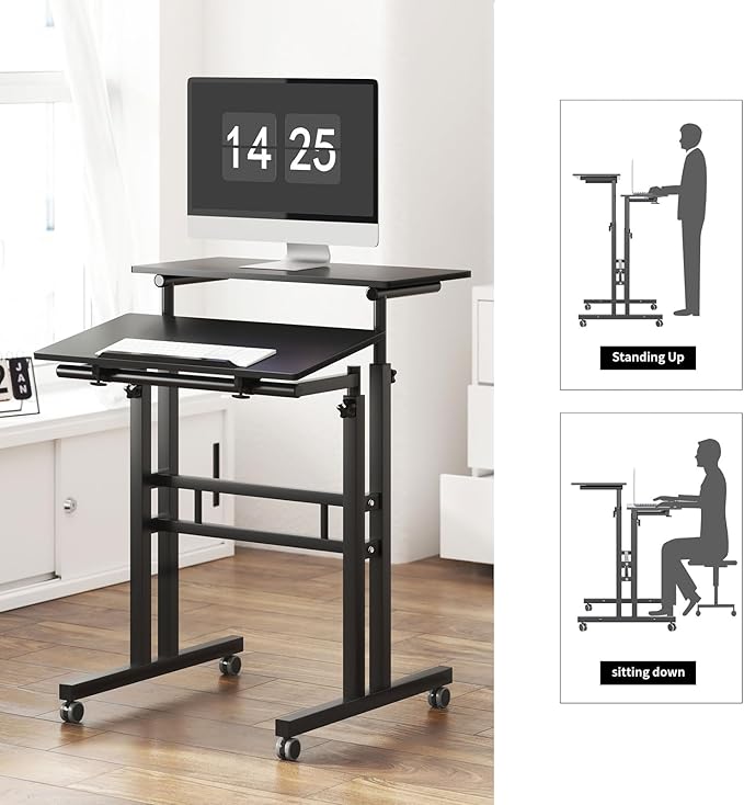 sogesfurniture Mobile Standing Computer Desk for Home Office Height Adjustable Laptop Workstation on Wheels with Keyboard Tray Small Portable Rolling Writing Table Sit to Stand Riser Black