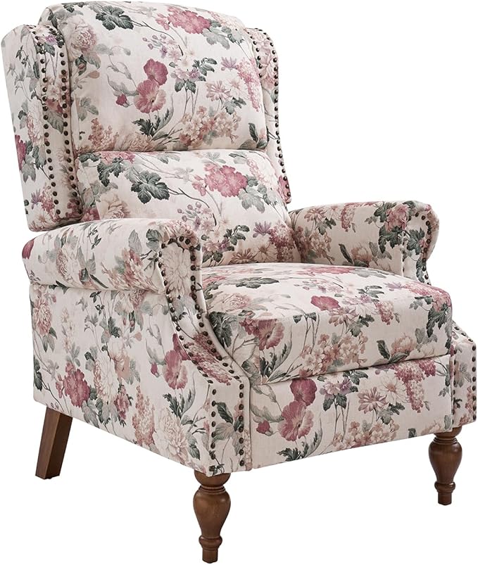 Pushback Recliner Chair Upholstered Floral Fabric Wingback Chair Single Sofa Accent Chair with Lumbar Support and Rivet Decoration for Living Room Bedroom Floral
