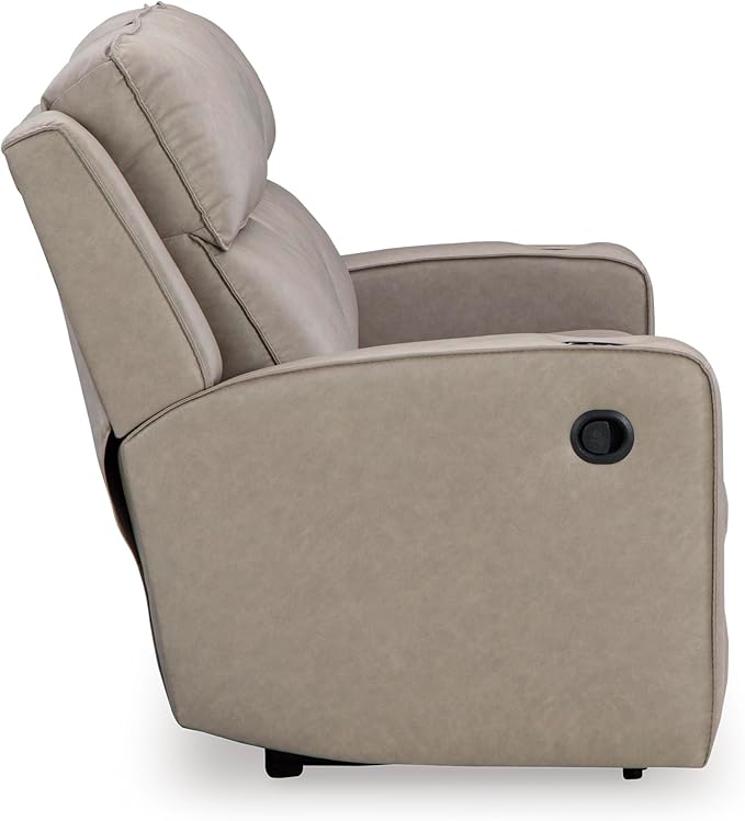 Signature Design by Ashley Lavenhorne Contemporary Faux Leather Manual Reclining Sofa with Drop Down Table Cup Holders and USB Ports Beige