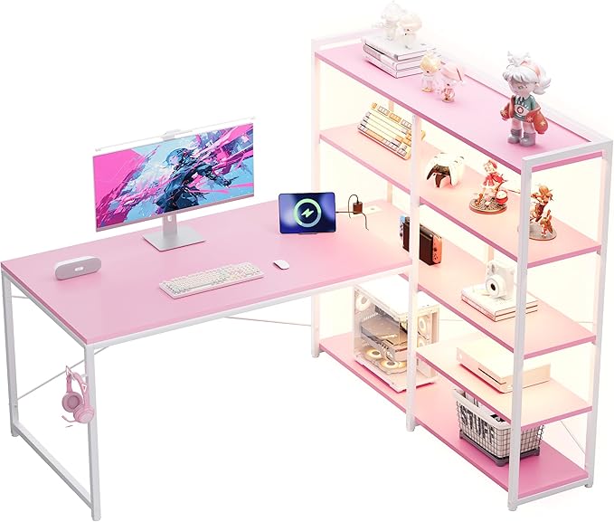Pamray L Shaped Computer Desk with Reversible Side Storage Shelves 49 Inch Gaming Desk with Power Outlets and Led Lights PC Table for Home Office and Bedroom Pink