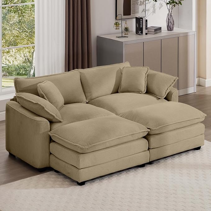 80 Sectional Loveseat Couch with Ottoman Corduroy Cloud 2 Seater Couches Modern Comfy Deep Seat Sofa for Liiving Room Small Spaces &amp Apartment (Tan A + Ottoman 2-Seats)