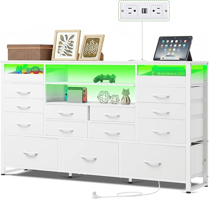 White TV Stand for 55 60 65 inch TV Entertainment Center with LED Lights &amp Charging Station TV Media Console Table with 15 Fabric Drawers and Open Shelves for Living Room Hallway