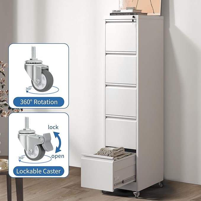 5 Drawer Mobile File Cabinet Metal Filing Cabinet with Lock and Wheels Home Office Rolling File Cabinets for Legal/Letter Hanging File Folders Un-Assembled (White)