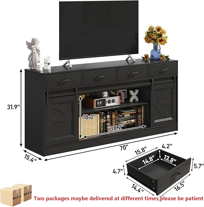 St.Mandyu 70 Large Farmhouse TV Stand for 85/80/75/70 Inch TVs w/4 DrawersRustic Tall Media Console w/Sliding Barn Door Adjustable ShelvesTall Entertainment Center for Living RoomBlack