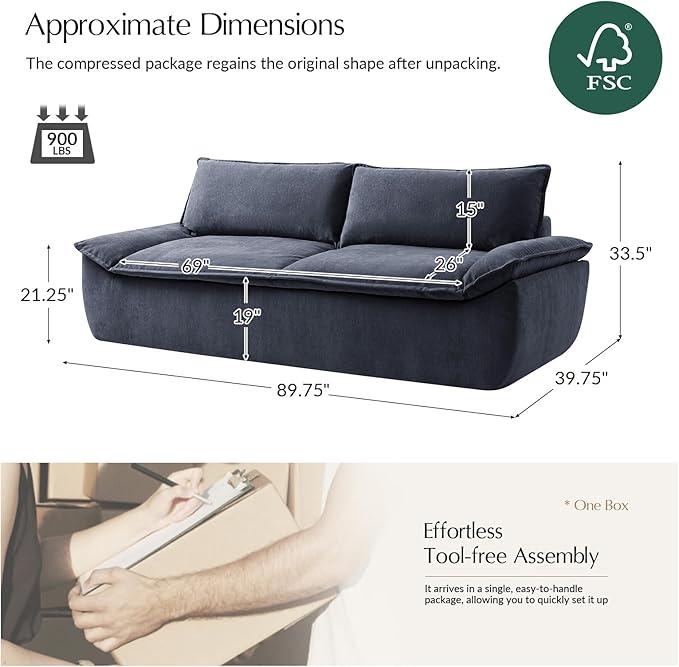 HULALA HOME 89 Oversized Boneless Couch 3 Seater Compressed Foam Sofa with Deep Seat Comfy Cloud Couch with Removable Seat and Back Cushions No Assembly Required Navy