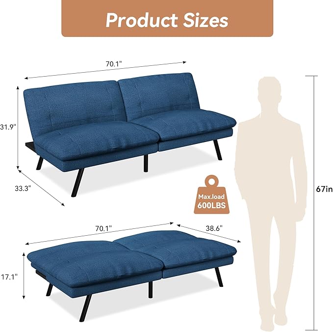 Futon Sofa Bed Convertible Couch Blue Linen Sofa Bed with Adjustable Backrest Multifunctional Small Loveseat Sleeper Sofa for Living Room Apartment Office