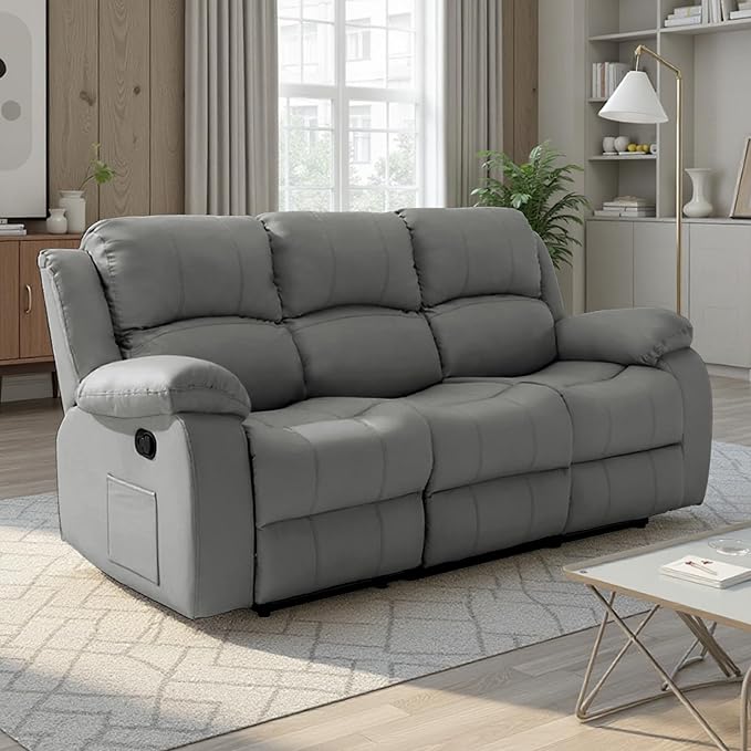 3 Seat Reclining Sofa Leather 3-Seater Manual Reclining Couch with Side Pocket Easy Assembly Reclining Loveseat Sofa for Living Room Meeting Room Bedroom Office Apartment RV