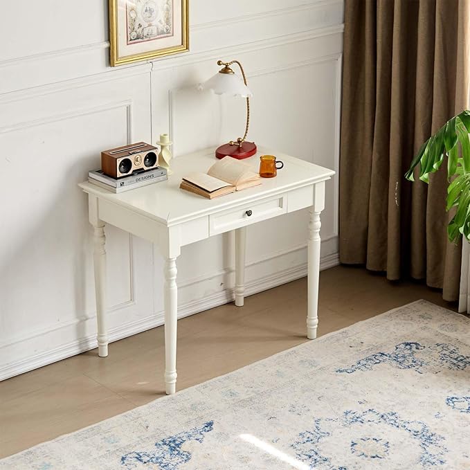 ADORZ 35’’ White Desk with Drawers Solid Wood French Country Desk for Home Office Study Room Bedroom – Ideal for Storage and Organization