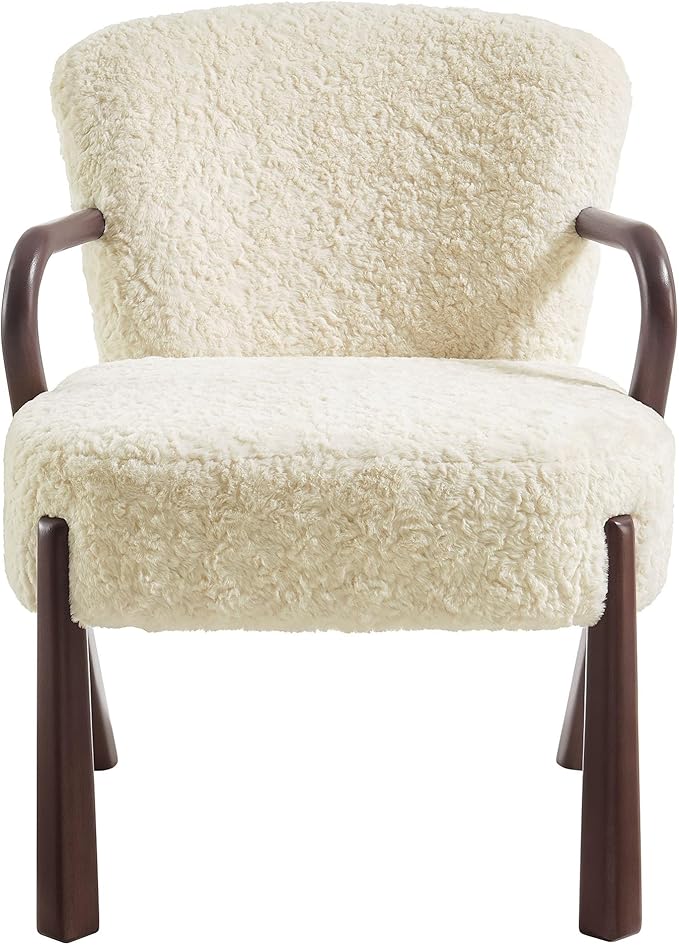 Modway Arden Faux Shearling Upholstered Accent Armchair in Ecru – Mid-Century Modern Fuzzy Lounge Chair with Curved Wood Frame