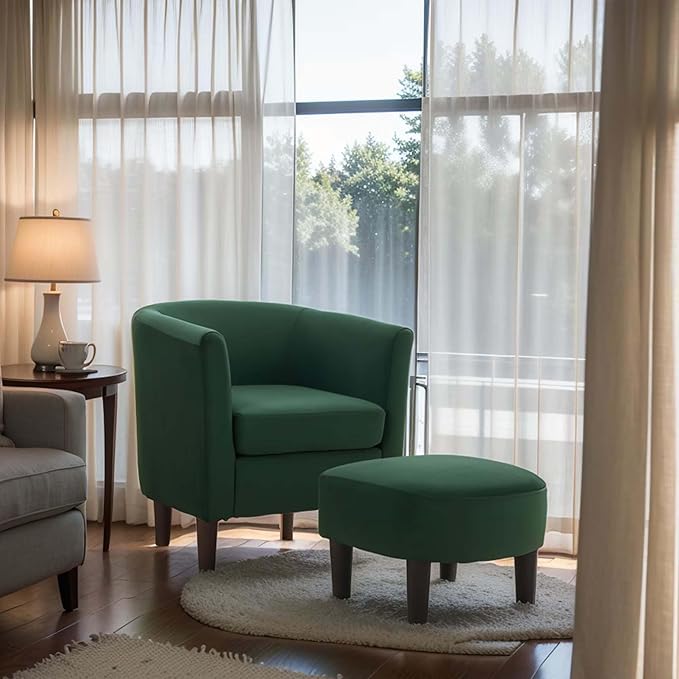 Green Swivel Accent Chair with Ottoman 360° Barrel Chairs with Foot Stool Comfy Reading Chair with Removable Pillow &amp 2 Armrest Covers for Living Room Small Spaces Bedroom (Dark Green)
